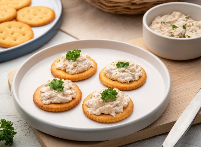 Close up Butter cracker with tuna spread on cutting board,snack food