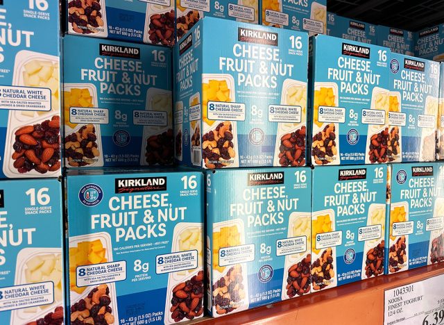 A view of several cases of Kirkland Signature cheese, fruit and nut packs, on display at a local Costco store.