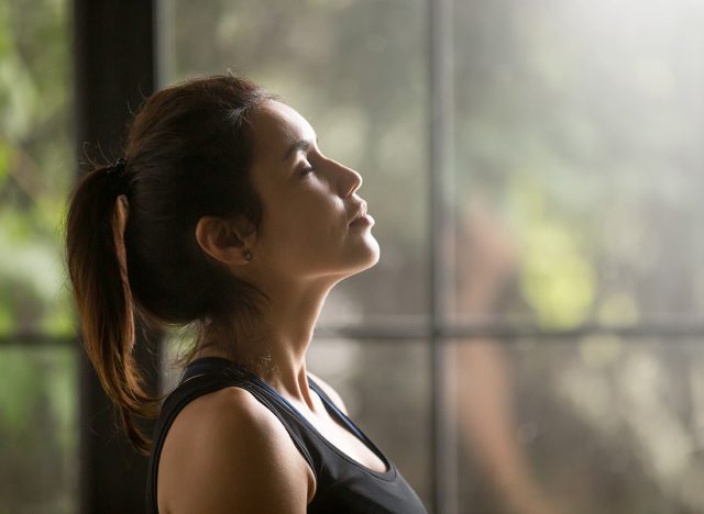 Profile portrait of young attractive yogi woman breathing fresh air, her eyes closed, meditation pose, relaxation exercise, working out wearing black sportswear top, close up image, window background