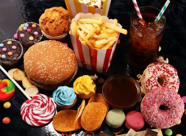 Unhealthy products. food bad for figure, skin, heart and teeth. Assortment of fast carbohydrates food.