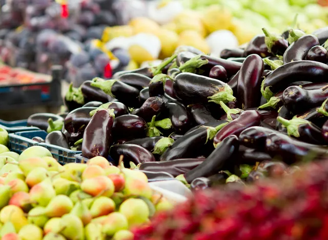 Eggplants and other vegatables on display at farmer's market