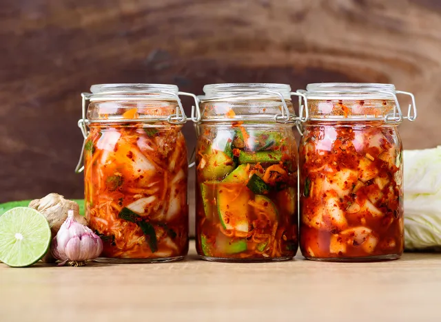 Kimchi cabbage, cucumber and radish in a jar, Korean food