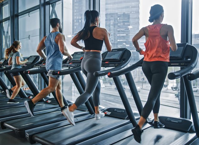 Group of Six Athletic People Running on Treadmills, Doing Fitness Exercise. Athletic and Muscular Women and Men Actively Workout in the Modern Gym. Sports People Workout in Fitness Club. Side View