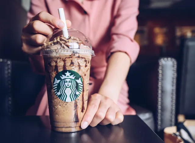 Chiang Mai, Thailand : 22/07/2020 : A cup of Choco-choco Nutty Frappuccino in Starbucks coffee shop. This menu is new to Starbucks store in Asia for perfect summer.