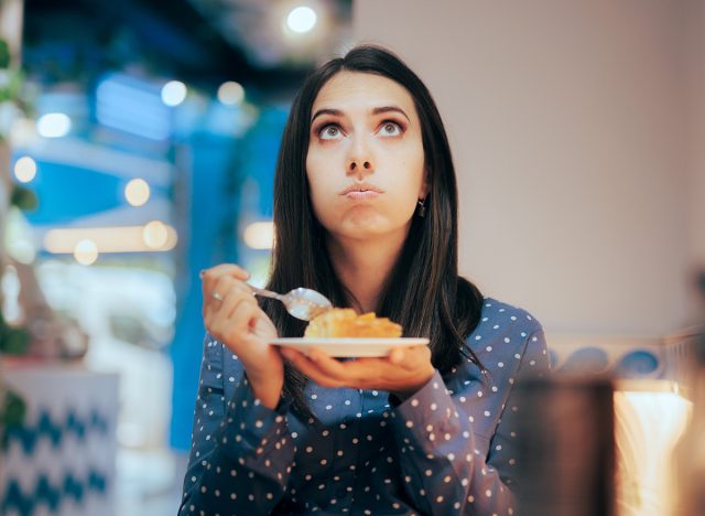 Doubtful,Woman,Thinking,About,Eating,A,Pie,Dessert.,Lady,Having