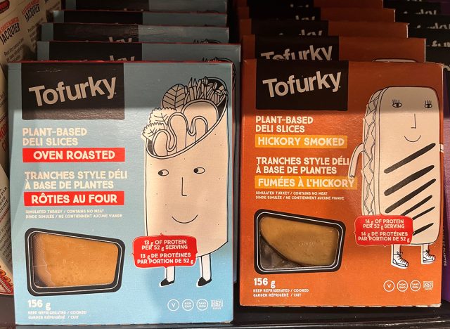 Edmonton, Canada - June 24, 2023: Packages of different flavours of Tofurky plant based deli slices and tempeh on display on a store shelf