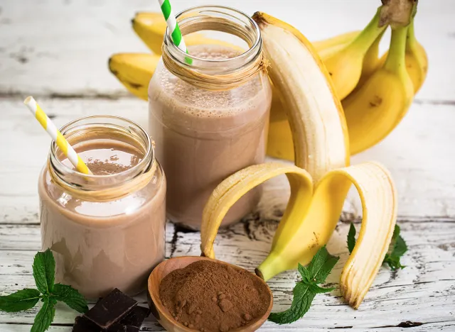 Banana and chocolate smoothie in the glass jar