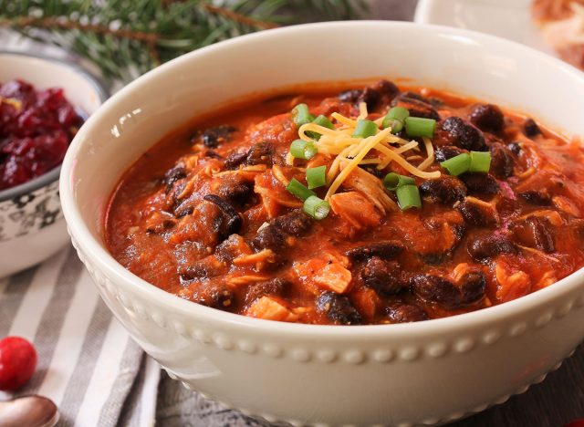 Homemade Turkey Chili with beans and scallions / Thanksgiving Leftovers