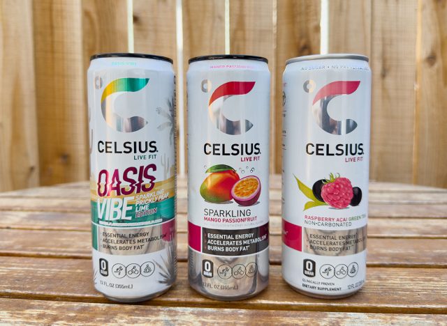 Los Angeles, CA - July 20, 2023: Cans of new Celsius energy drinks on wooden background.