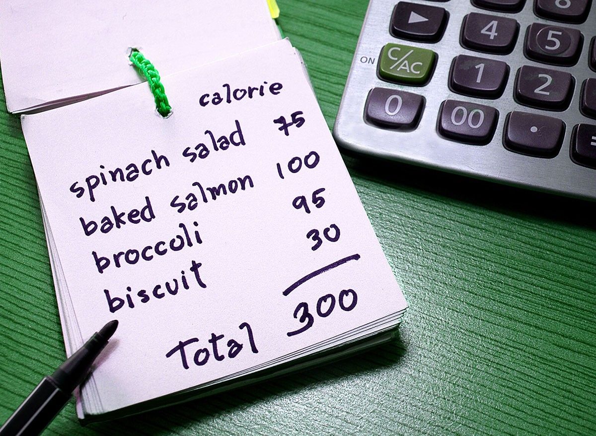 Calorie counting on a paper with calculator. Diet and weight control concept