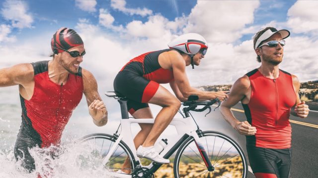 Triathlon swim bike run triathlete man training for ironman race concept. Three pictures composite of fitness athlete running, biking, and swimming in ocean. Professional cyclist, runner, swimmer.