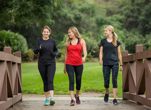 Group of women in their 30s walking together in the outdoors. Cute blond and fit women in their mid 30s who are active and working to stay healthy. Full length photo with copy space