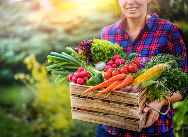 Farmer woman holding wooden box full of fresh raw vegetables. Basket with vegetable (cabbage, carrots, cucumbers, radish, corn, garlic and peppers) in the hands.