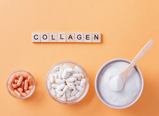 Different types of collagen for skin care flat lay with collagen quote made of wooden blocks