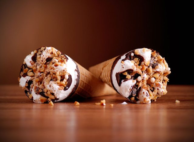 chocolate ice cream and cream with pieces of hazelnut