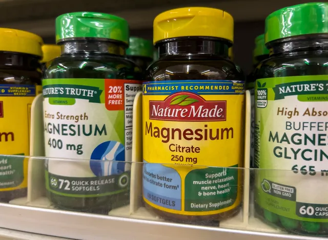 Everett, WA USA - circa August 2022: Angled, selective focus on magnesium citrate for sale inside an Albertsons grocery store
