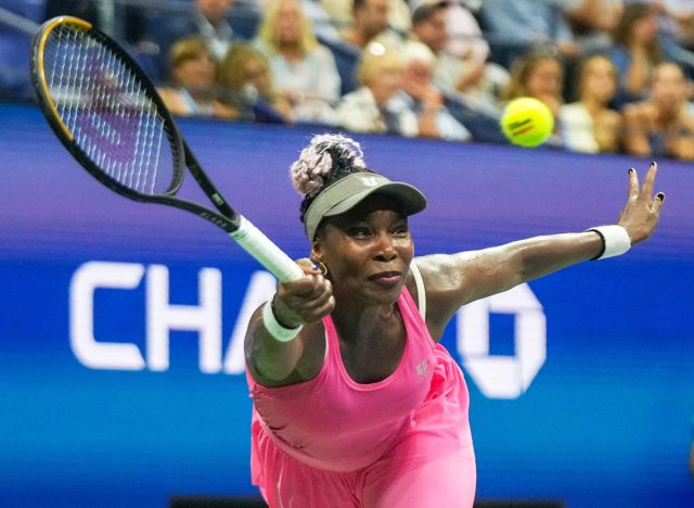 NEW YORK - AUGUST 29, 2023: Grand Slam Champion Venus Williams of United States in action during 2023 US Open first round match against Greet Minnen of Belgium at the USTA National Tennis Center