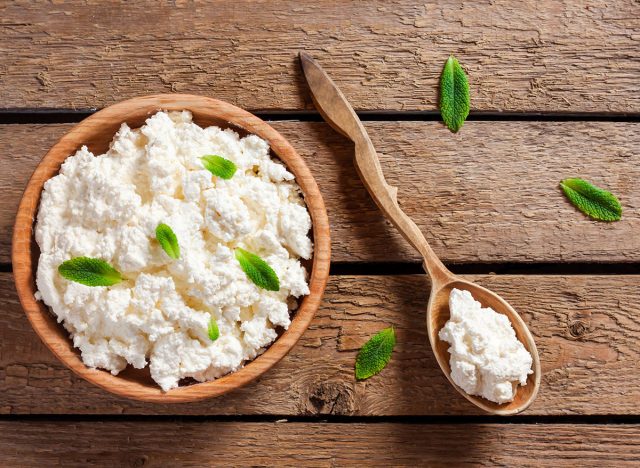 cottage cheese in a wooden bowl