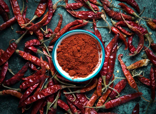 Red chili pepper,dried chillies on dark background. top view