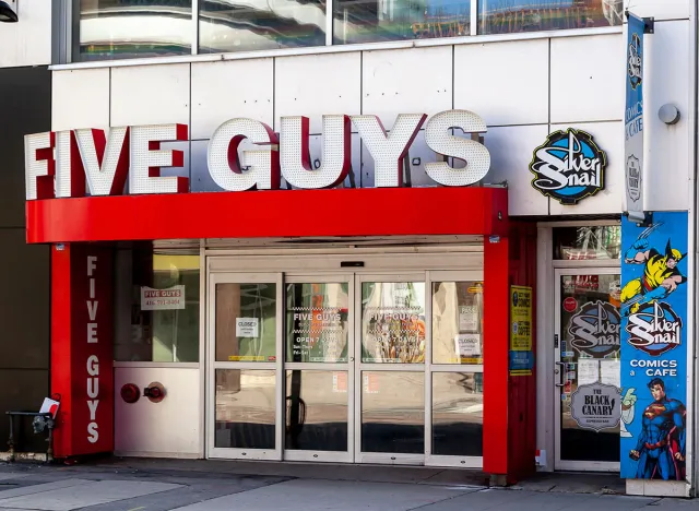 Toronto, Canada - May 16, 2020: Five Guys Burgers and Fries restaurant in Toronto; Five Guys is an American fast casual restaurant chain focused on hamburgers, hot dogs, and French fries.