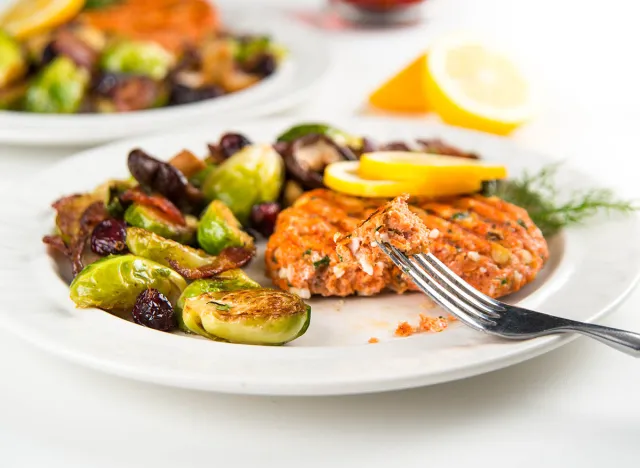Wild Salmon Patty Served with Brussels Sprouts and Mushroom Hash