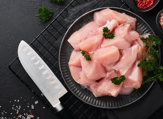 Raw chicken breast sliced or cut pieces on wooden cutting board with herbs and spices on dark slate, stone, concrete background. Raw chicken meat. Top view with copy space. Mock up.