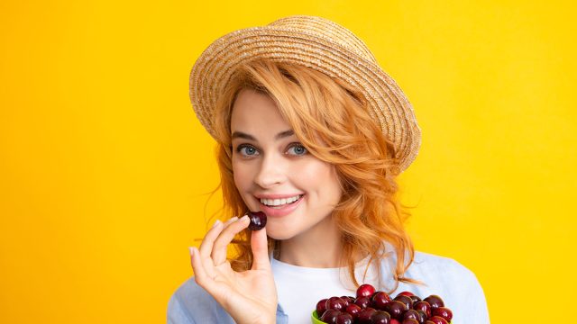 Picking,Eating,Cherry,Fruit.,Attractive,Young,Woman,Eating,Fresh,Cherry., cherries