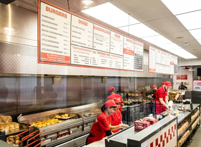 London- May 2023: Interior of a Five Guys burger chain restaurant in London's West End