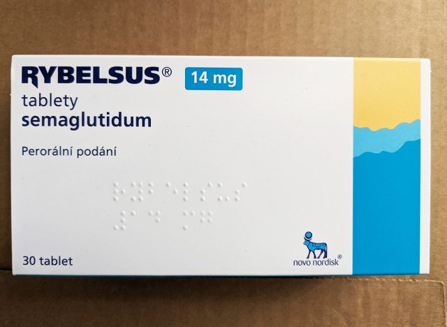Prague,Czech republic - July 26,2023 :Rybelsus 14mg Semaglutidum by Novo Nordisk pharmaceutical company-antidiabetic medication used for the treatment of type 2 diabetes and an anti-obesity medication