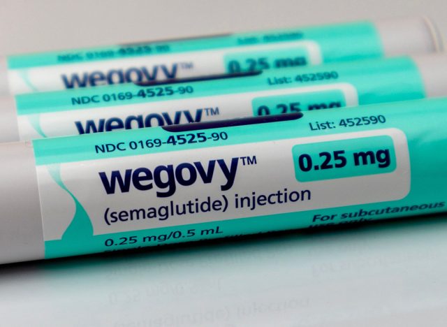 Valparaiso, IN USA - January 22, 2024: Wegovy semaglutide pens for treatment of chronic obesity, close up