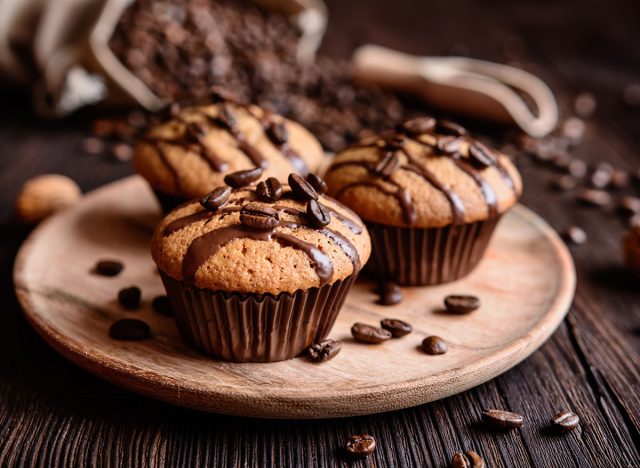 Coffee muffins with grated walnut and topped with chocolate