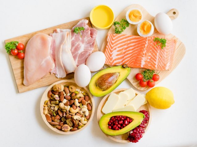 Keto picture.Flat lay of Keto diet food ingredients on white table.Ketogenic mean Low carb and High fat.Healthy food Concept.