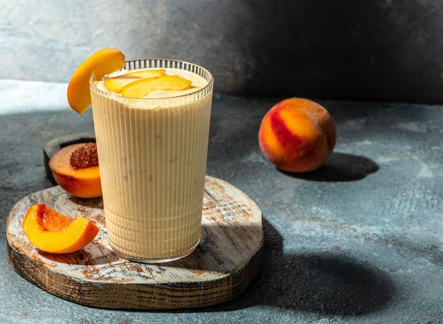 peach, milk yogurt. Healthy eating. Breakfast, snack Restaurant menu, dieting cookbook recipe top view.