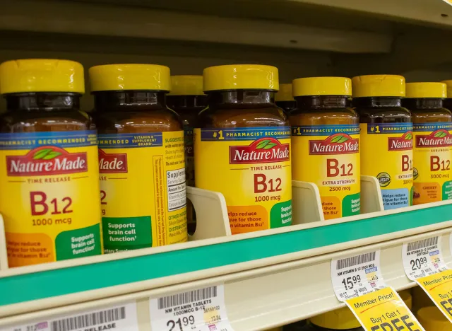 Los Angeles, California, United States - 02-01-2023: A view of several bottles of Nature Made B12 vitamins, on display at a local grocery store.