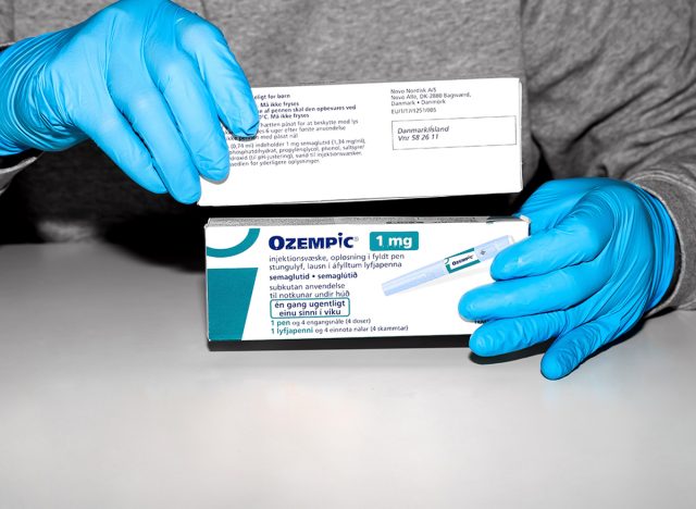 Hands in blue surgical gloves holds a package with Ozempic Insulin injection pen for diabetics. Denmark - February 10, 2024