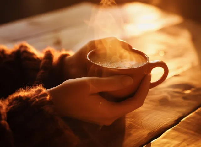 Woman hand holding coffee cup on table against city view in vintage cafe