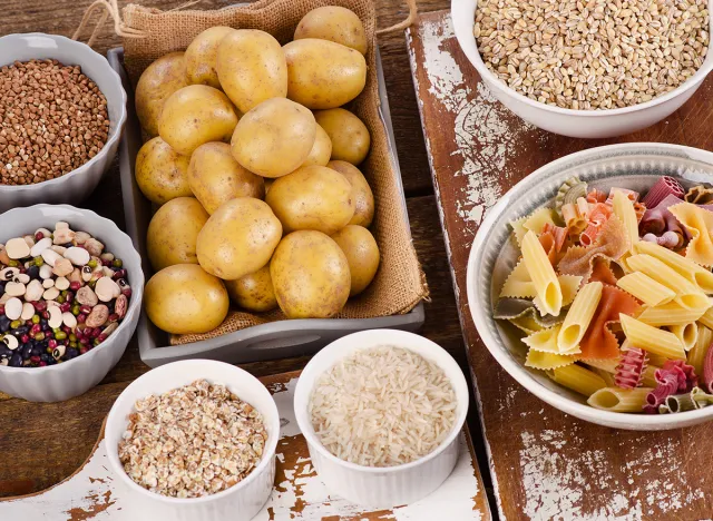 Healthy Food: Best Sources of Carbs on a wooden table. Top view