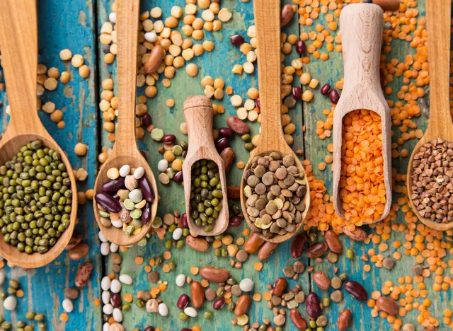 Raw legume on old rustic wooden table, close-up.