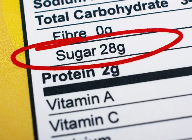 Photo of a nutrition facts label. High amount sugar in food