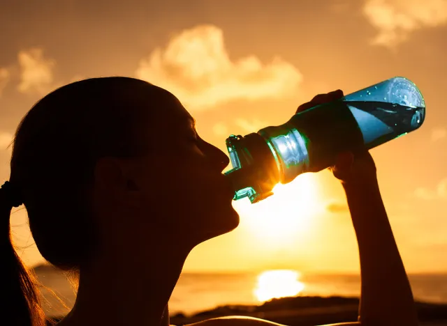 Sports woman drinking bottle of water.