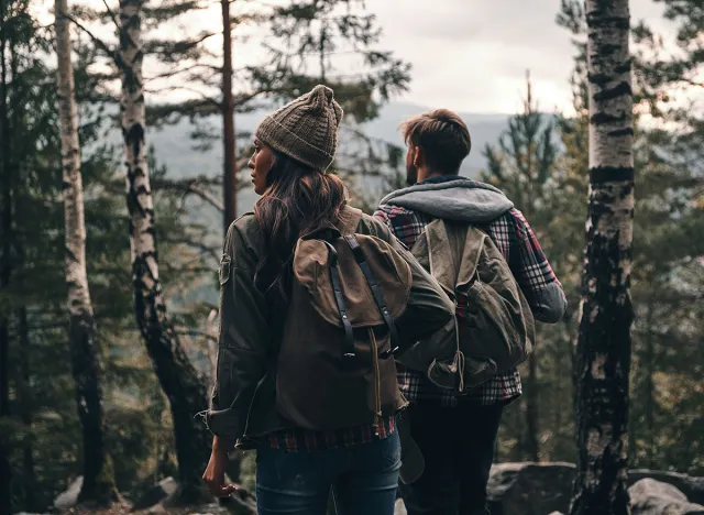 Breathtaking feelings? Rear view of young couple standing and looking away while hiking together in the woods