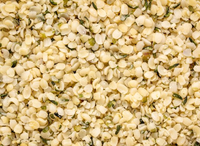 hemp seed hearts closeup background, superfood concept