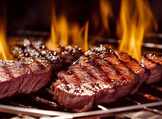 Grilled meat steak on stainless grill depot with flames on dark background. Food and cuisine concept.