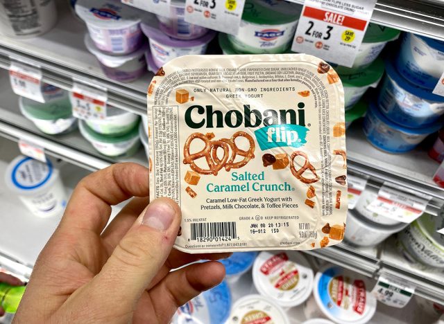 San Jose, CA - November 28, 2019: Chobani-Flip yogurt pack with Salted Caramel Crunch topping in separate compartment.