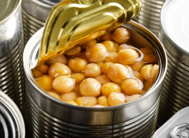 Canned chickpeas in just opened tin can. Non-perishable food