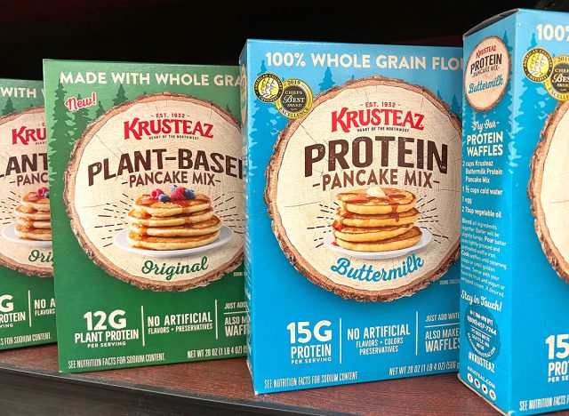 Alameda, CA - March 18, 2022: Grocery store shelf with boxes of Krusteaz brand plant based pancake mixes. Original and buttermilk flavors.