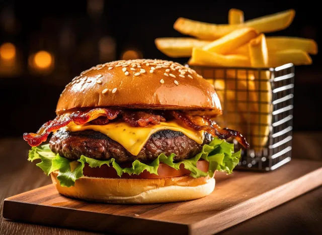 cheese buerger with fries on a wooden plate at a restaurant