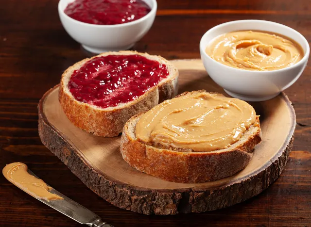 smooth peanut butter and jam bread toast, american traditional sandwich