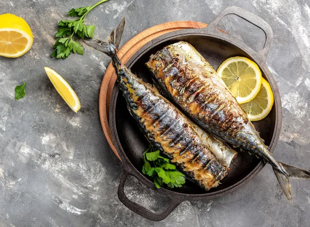 BBQ Grilled mackerel fish with herbs. Oktoberfest menu. banner, menu recipe place for text, top view.