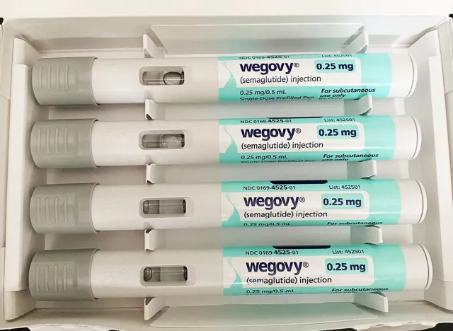 Lansing, KS USA - May 26, 2024. Wegovy weight loss medication, close-up of injectable pens in packaging. Semaglutide one month supply. Type 2 diabetes medication, anti-obesity drug, Novo Nordisk.